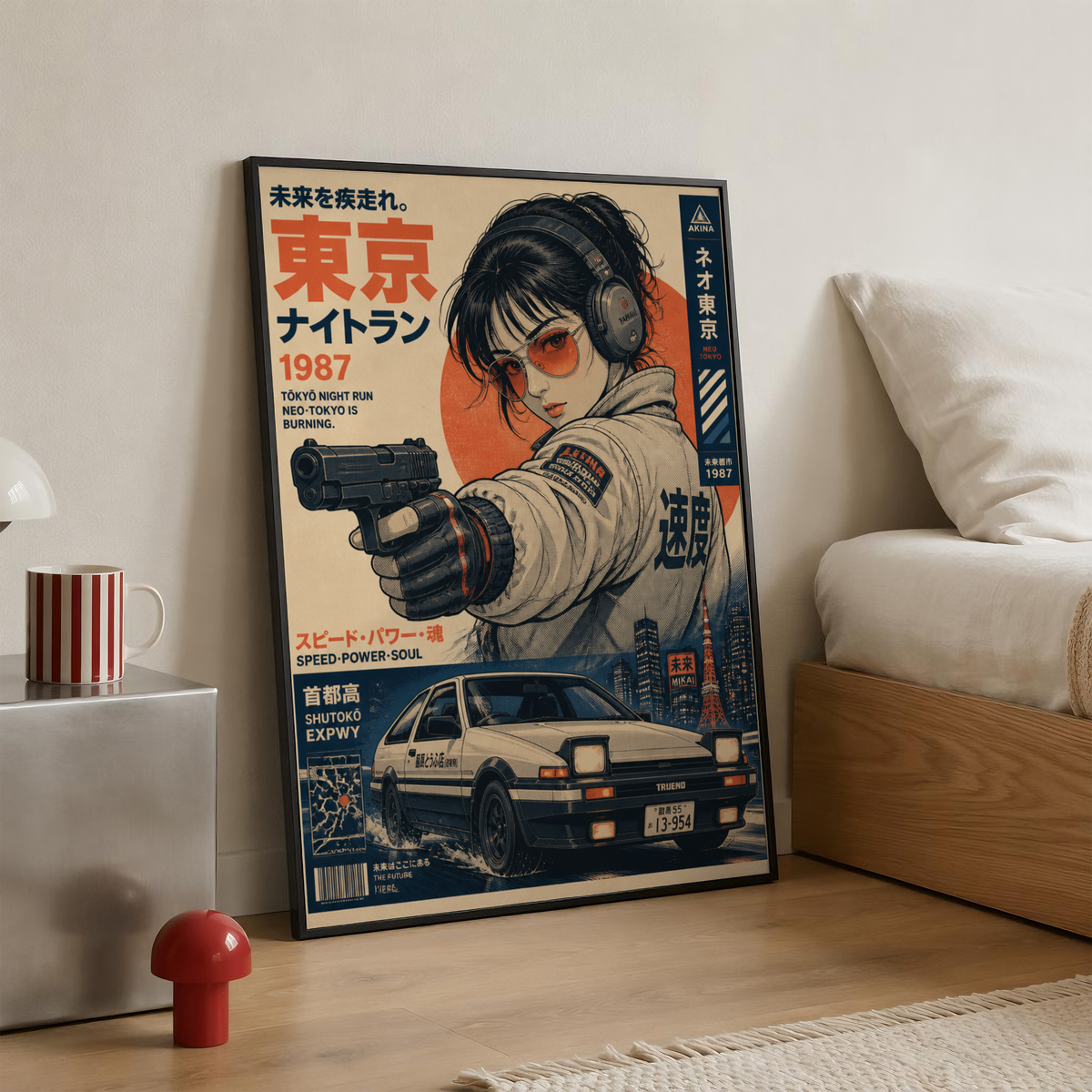 Tokyo Night Run Poster, 80s Street Racing Wall Art, Retro Anime Girl, Japanese Car Print, Neo Tokyo Garage Decor, Cyberpunk Artwork