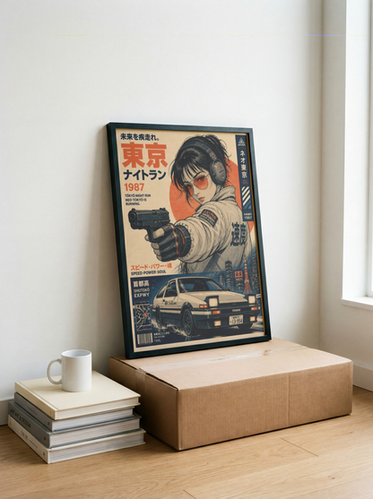 Tokyo Night Run Poster, 80s Street Racing Wall Art, Retro Anime Girl, Japanese Car Print, Neo Tokyo Garage Decor, Cyberpunk Artwork