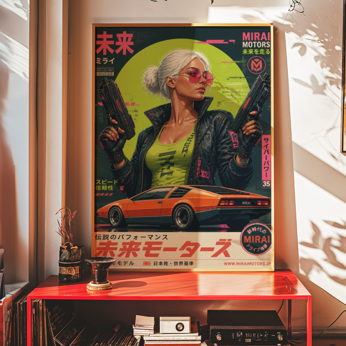 Cyberpunk Future Motors Poster, Futuristic Car Girl Wall Art, Retro Sci-Fi Print, Neon Street Racing Decor, Japanese Cyberpunk Artwork