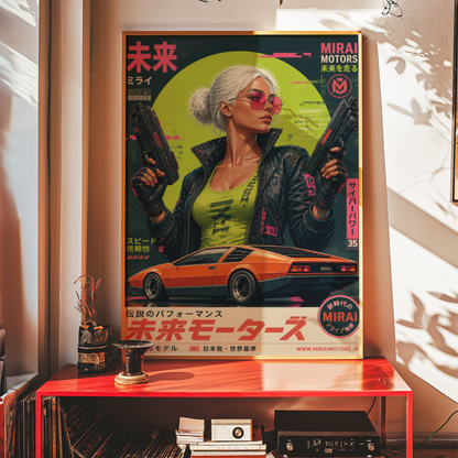 Cyberpunk Future Motors Poster, Futuristic Car Girl Wall Art, Retro Sci-Fi Print, Neon Street Racing Decor, Japanese Cyberpunk Artwork