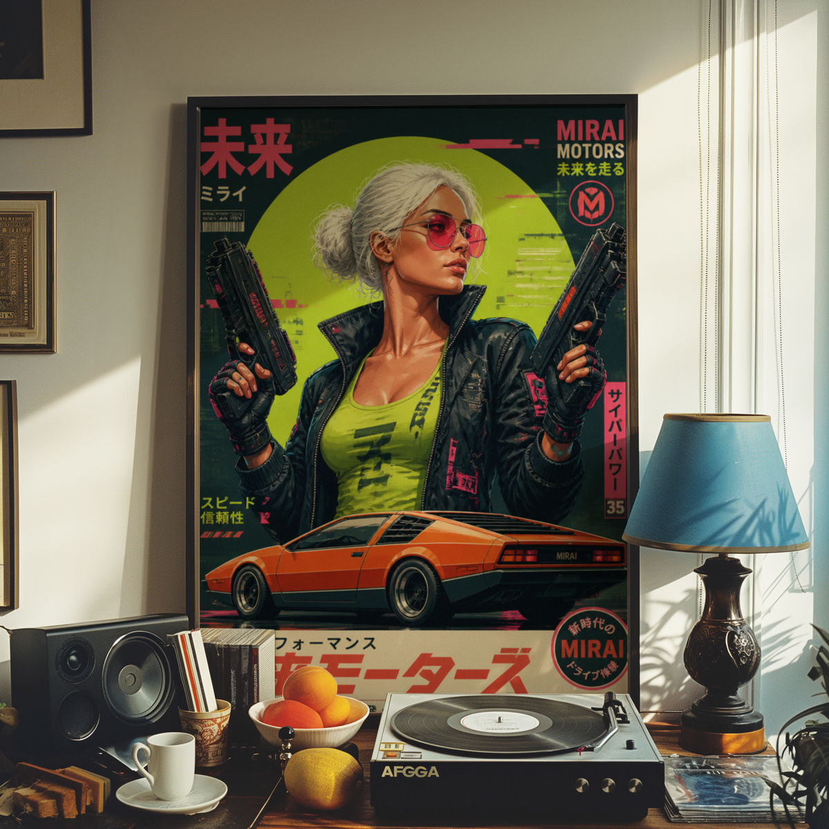 Cyberpunk Future Motors Poster, Futuristic Car Girl Wall Art, Retro Sci-Fi Print, Neon Street Racing Decor, Japanese Cyberpunk Artwork