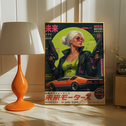 Cyberpunk Future Motors Poster, Futuristic Car Girl Wall Art, Retro Sci-Fi Print, Neon Street Racing Decor, Japanese Cyberpunk Artwork
