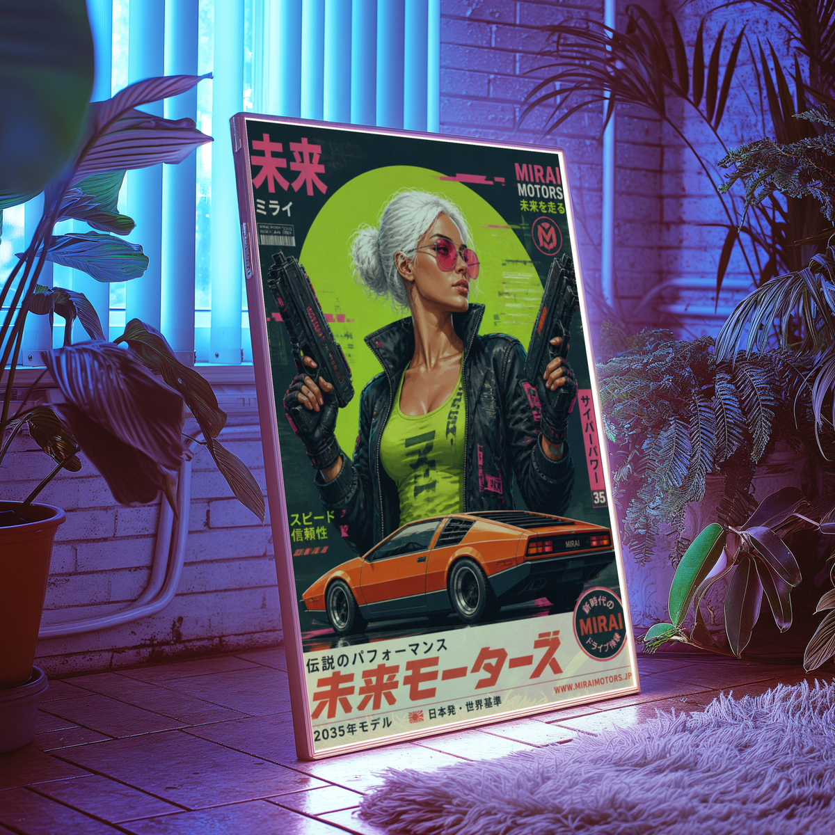 Cyberpunk Future Motors Poster, Futuristic Car Girl Wall Art, Retro Sci-Fi Print, Neon Street Racing Decor, Japanese Cyberpunk Artwork