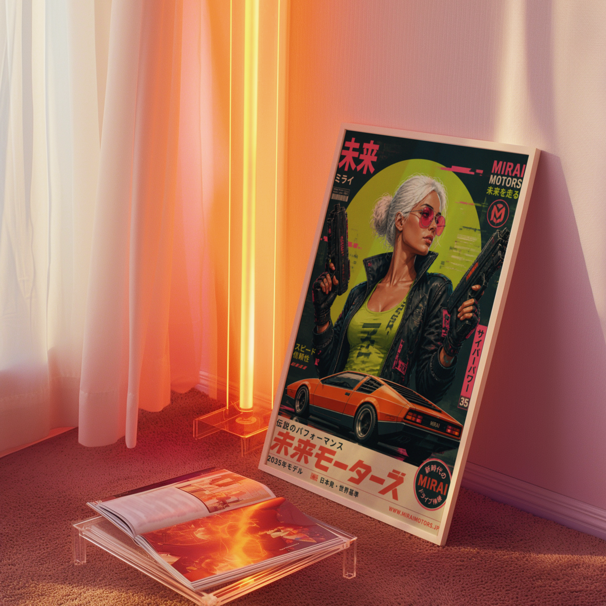 Cyberpunk Future Motors Poster, Futuristic Car Girl Wall Art, Retro Sci-Fi Print, Neon Street Racing Decor, Japanese Cyberpunk Artwork