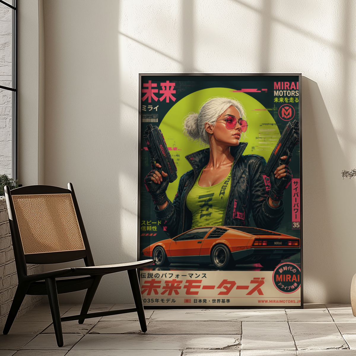 Cyberpunk Future Motors Poster, Futuristic Car Girl Wall Art, Retro Sci-Fi Print, Neon Street Racing Decor, Japanese Cyberpunk Artwork