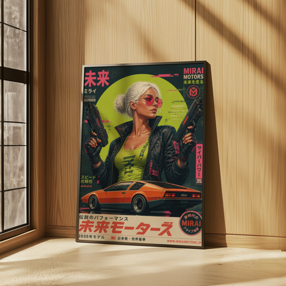 Cyberpunk Future Motors Poster, Futuristic Car Girl Wall Art, Retro Sci-Fi Print, Neon Street Racing Decor, Japanese Cyberpunk Artwork