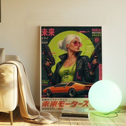 Cyberpunk Future Motors Poster, Futuristic Car Girl Wall Art, Retro Sci-Fi Print, Neon Street Racing Decor, Japanese Cyberpunk Artwork