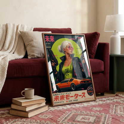 Cyberpunk Future Motors Poster, Futuristic Car Girl Wall Art, Retro Sci-Fi Print, Neon Street Racing Decor, Japanese Cyberpunk Artwork