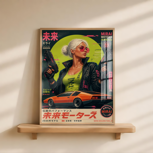 Cyberpunk Future Motors Poster, Futuristic Car Girl Wall Art, Retro Sci-Fi Print, Neon Street Racing Decor, Japanese Cyberpunk Artwork