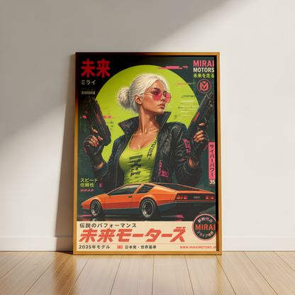 Cyberpunk Future Motors Poster, Futuristic Car Girl Wall Art, Retro Sci-Fi Print, Neon Street Racing Decor, Japanese Cyberpunk Artwork