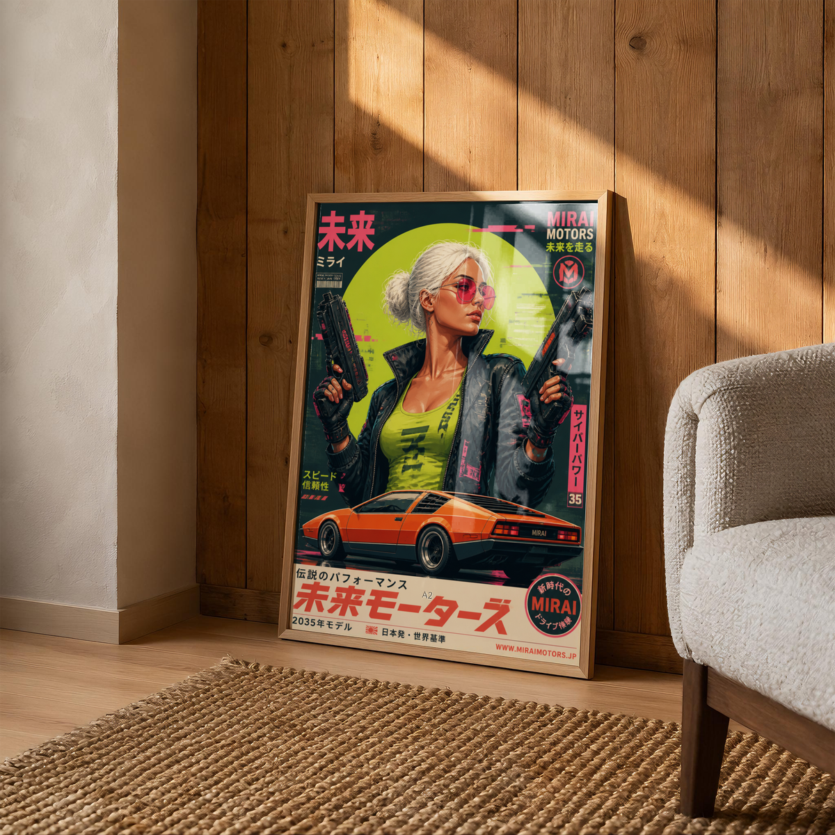 Cyberpunk Future Motors Poster, Futuristic Car Girl Wall Art, Retro Sci-Fi Print, Neon Street Racing Decor, Japanese Cyberpunk Artwork