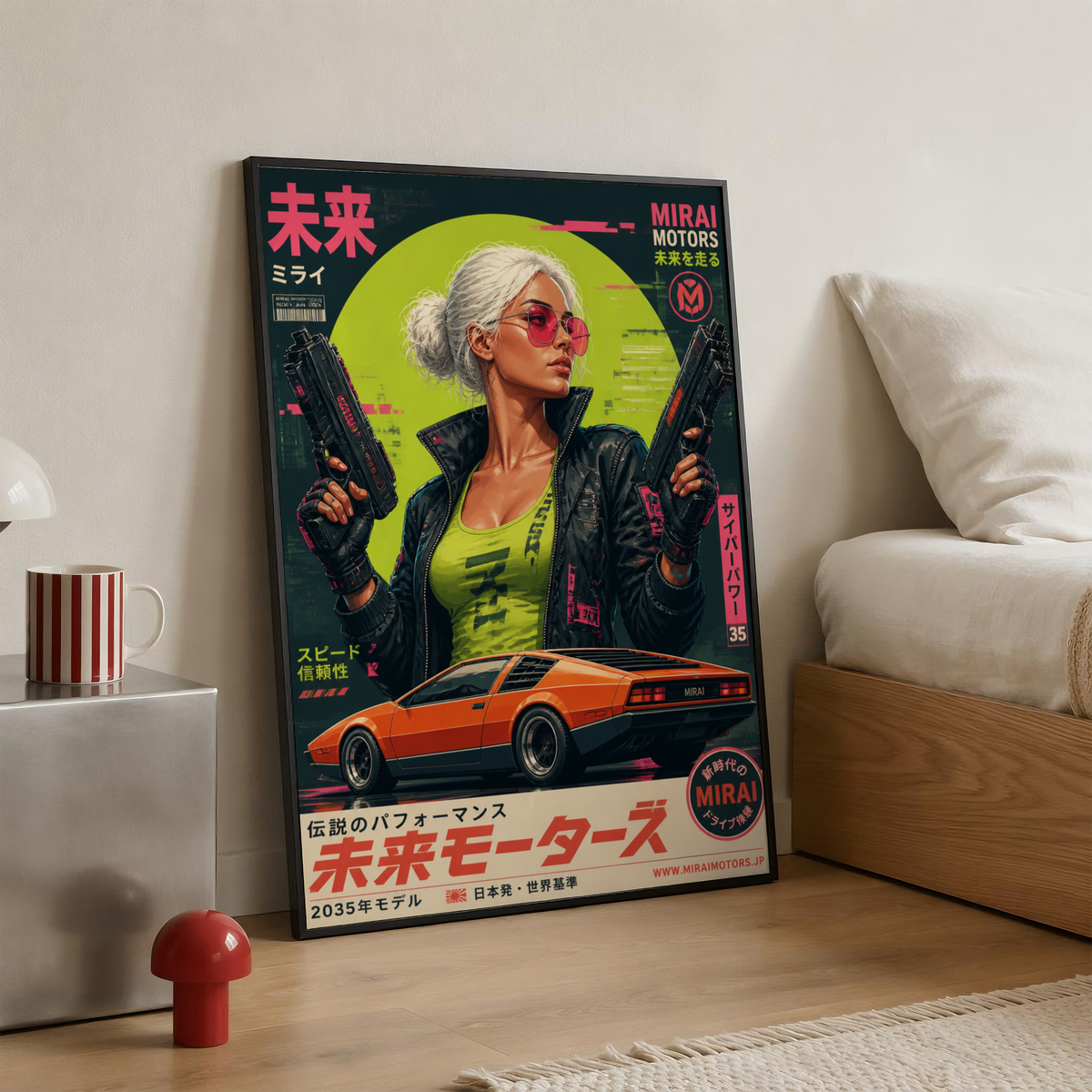 Cyberpunk Future Motors Poster, Futuristic Car Girl Wall Art, Retro Sci-Fi Print, Neon Street Racing Decor, Japanese Cyberpunk Artwork