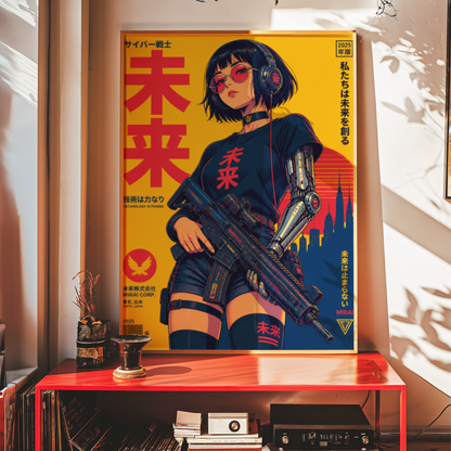 Affiche guerrière cyberpunk japonaise | Poster rétro futuriste femme et ville | Art japonais 80s, science-fiction, décoration murale