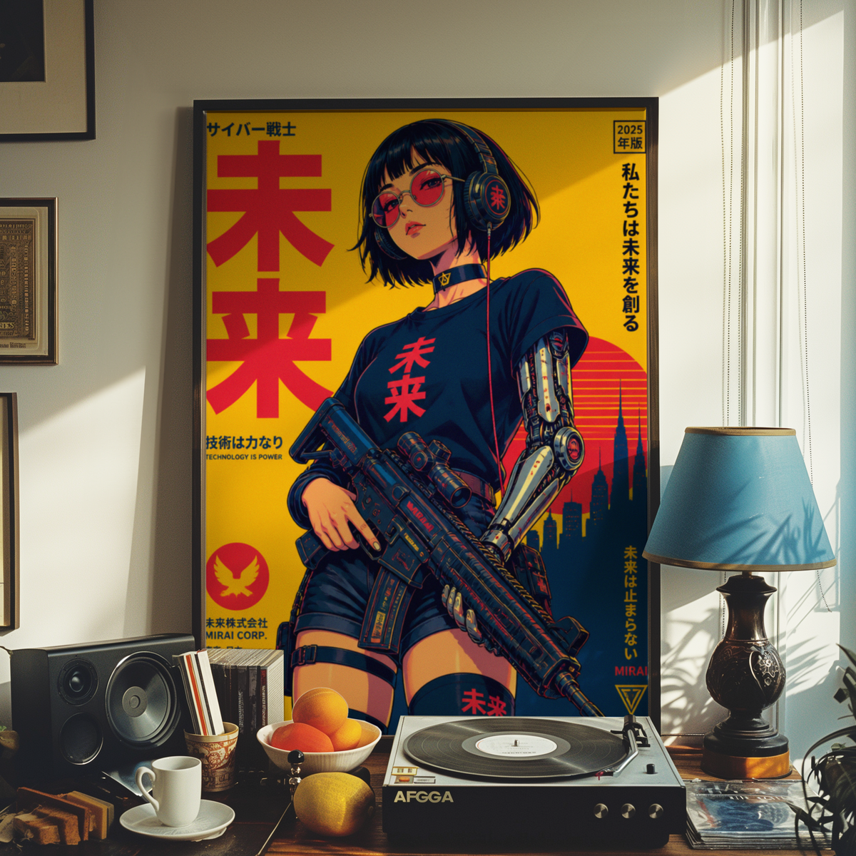 Affiche guerrière cyberpunk japonaise | Poster rétro futuriste femme et ville | Art japonais 80s, science-fiction, décoration murale