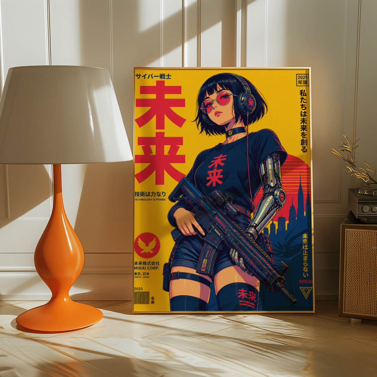 Affiche guerrière cyberpunk japonaise | Poster rétro futuriste femme et ville | Art japonais 80s, science-fiction, décoration murale