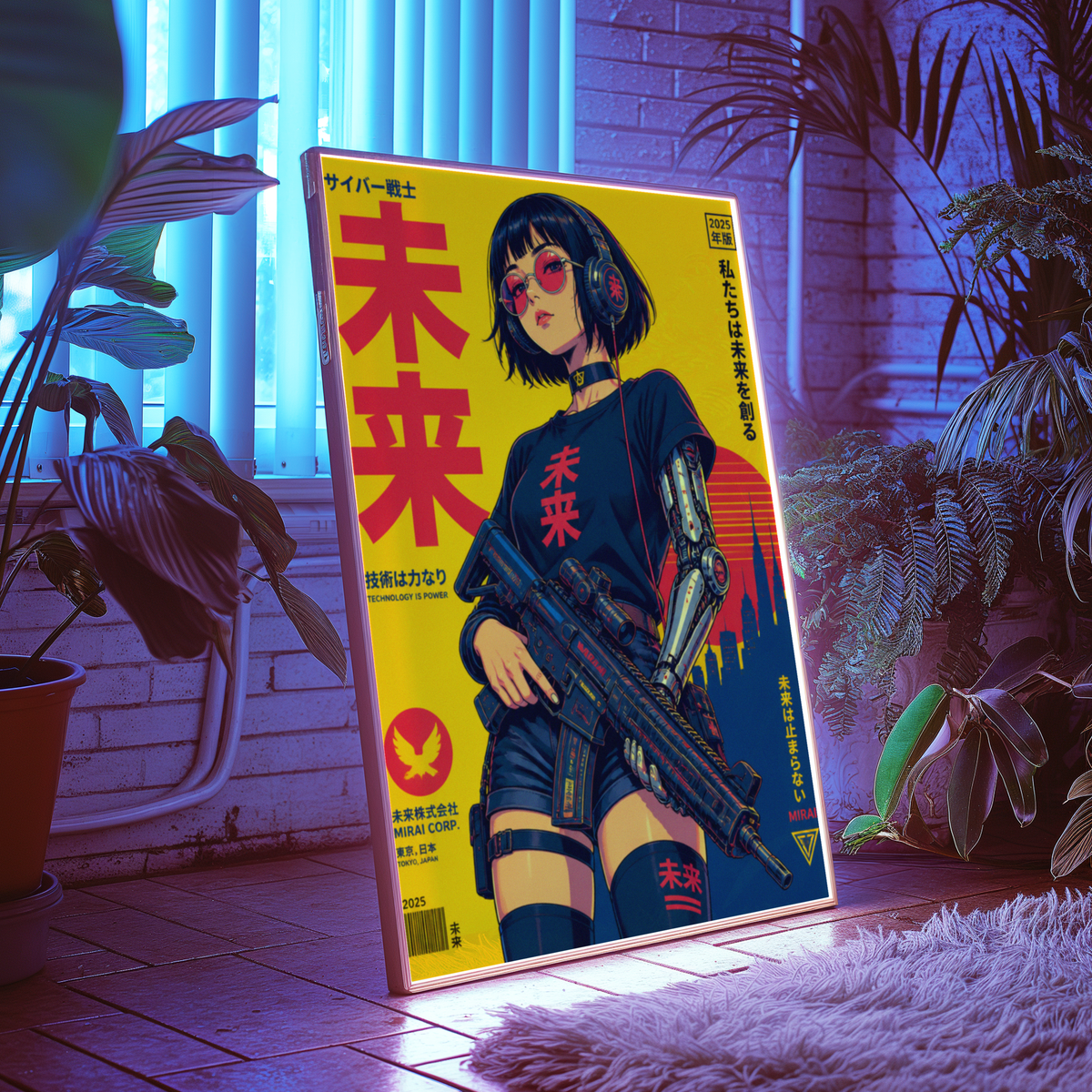 Affiche guerrière cyberpunk japonaise | Poster rétro futuriste femme et ville | Art japonais 80s, science-fiction, décoration murale
