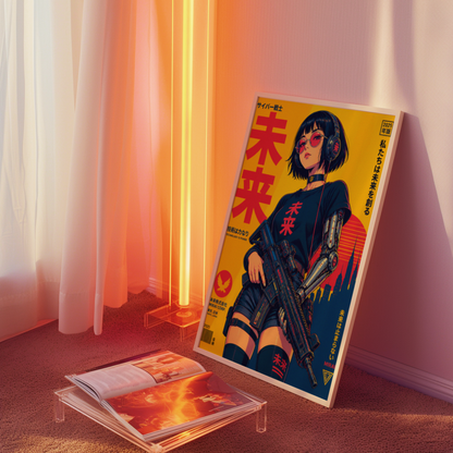 Affiche guerrière cyberpunk japonaise | Poster rétro futuriste femme et ville | Art japonais 80s, science-fiction, décoration murale