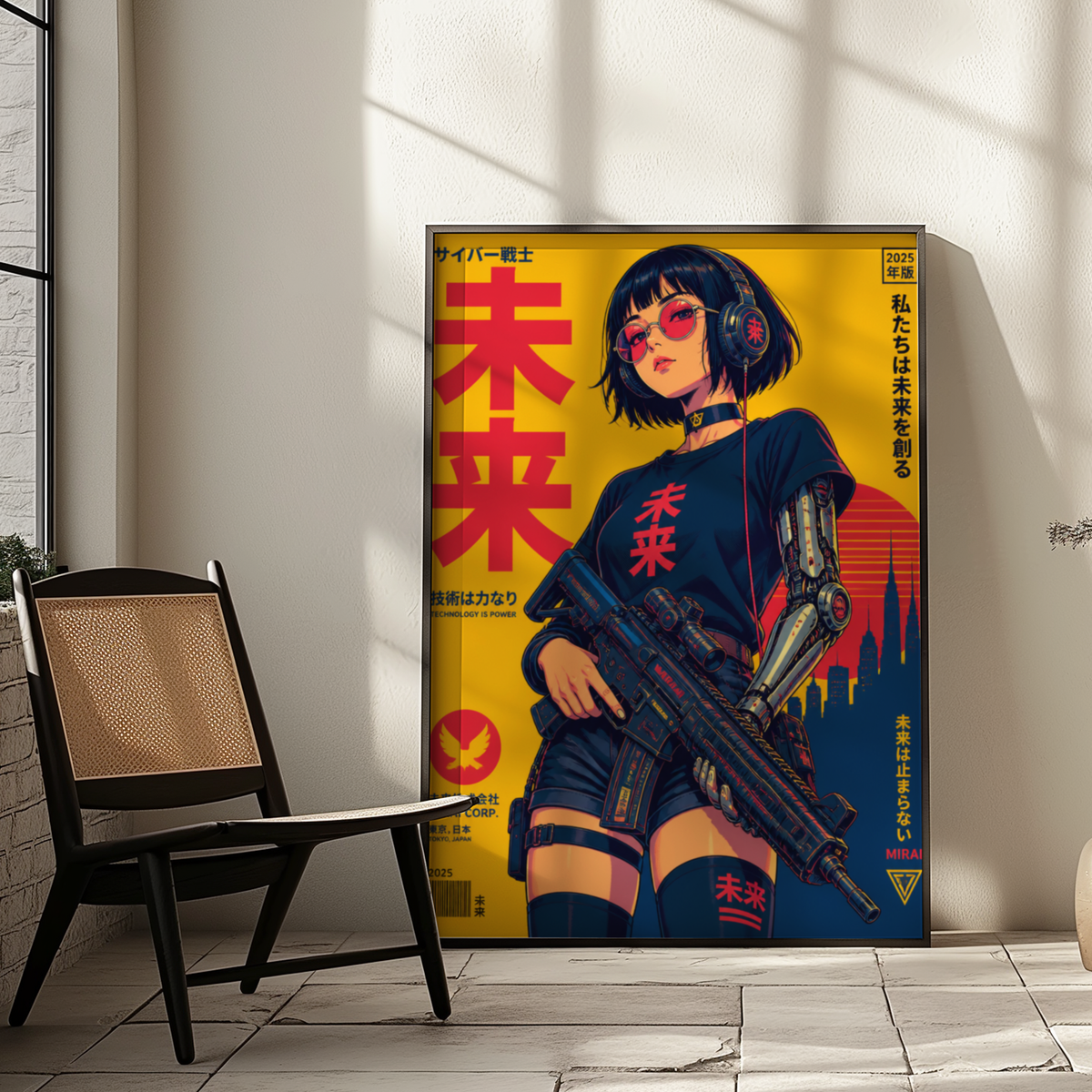Affiche guerrière cyberpunk japonaise | Poster rétro futuriste femme et ville | Art japonais 80s, science-fiction, décoration murale