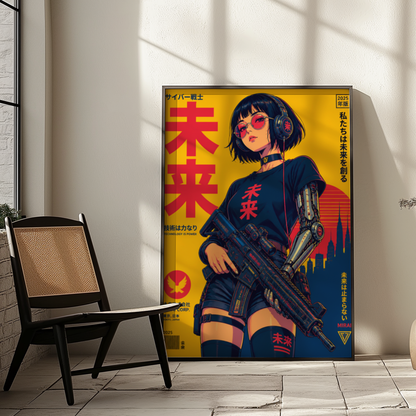 Affiche guerrière cyberpunk japonaise | Poster rétro futuriste femme et ville | Art japonais 80s, science-fiction, décoration murale