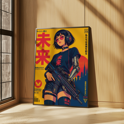 Affiche guerrière cyberpunk japonaise | Poster rétro futuriste femme et ville | Art japonais 80s, science-fiction, décoration murale