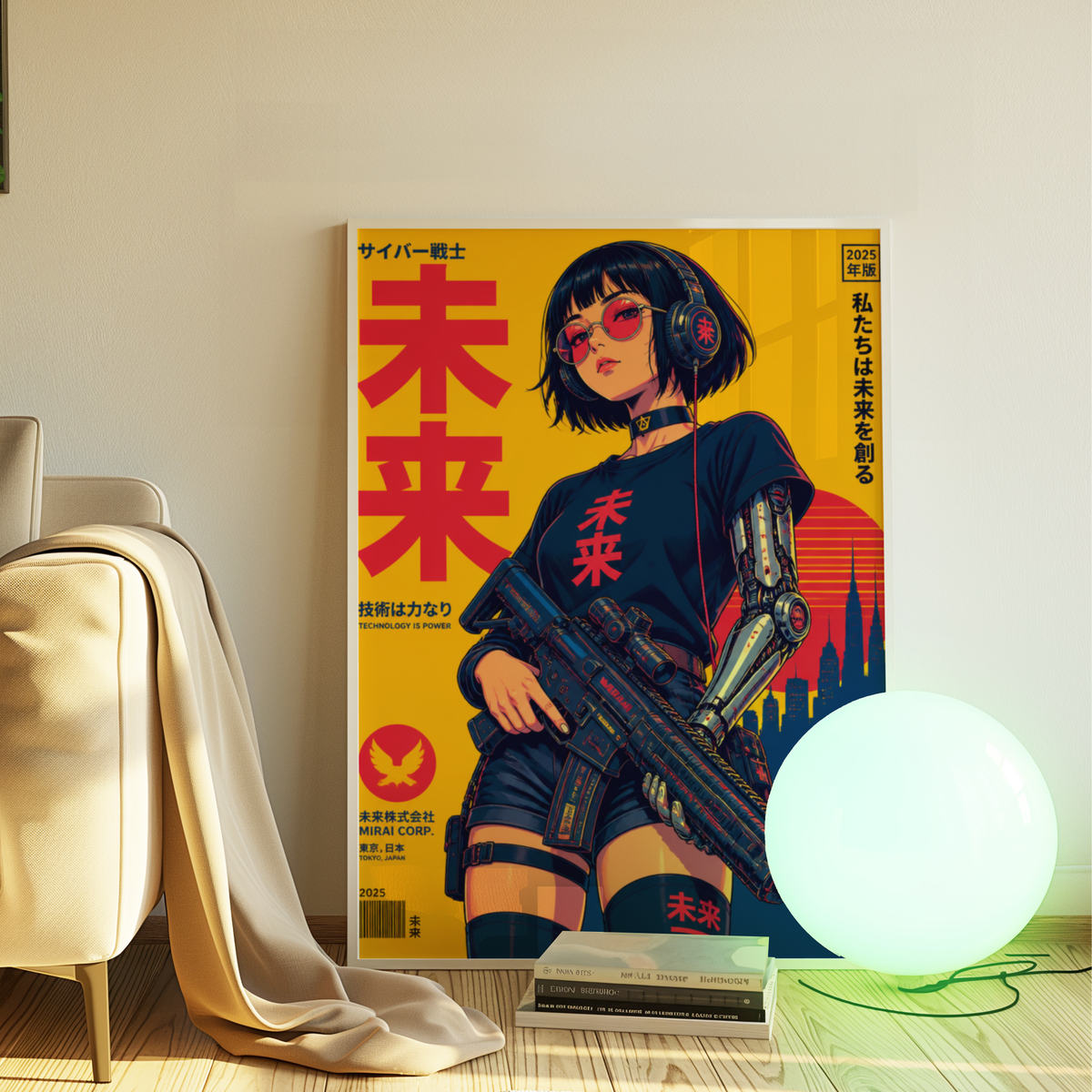 Affiche guerrière cyberpunk japonaise | Poster rétro futuriste femme et ville | Art japonais 80s, science-fiction, décoration murale