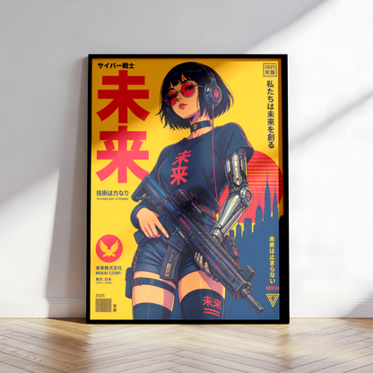 Affiche guerrière cyberpunk japonaise | Poster rétro futuriste femme et ville | Art japonais 80s, science-fiction, décoration murale