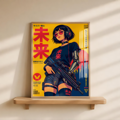 Affiche guerrière cyberpunk japonaise | Poster rétro futuriste femme et ville | Art japonais 80s, science-fiction, décoration murale