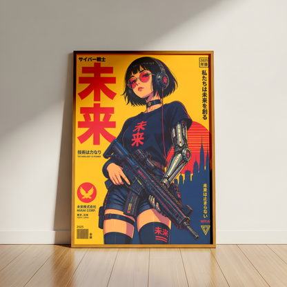 Affiche guerrière cyberpunk japonaise | Poster rétro futuriste femme et ville | Art japonais 80s, science-fiction, décoration murale