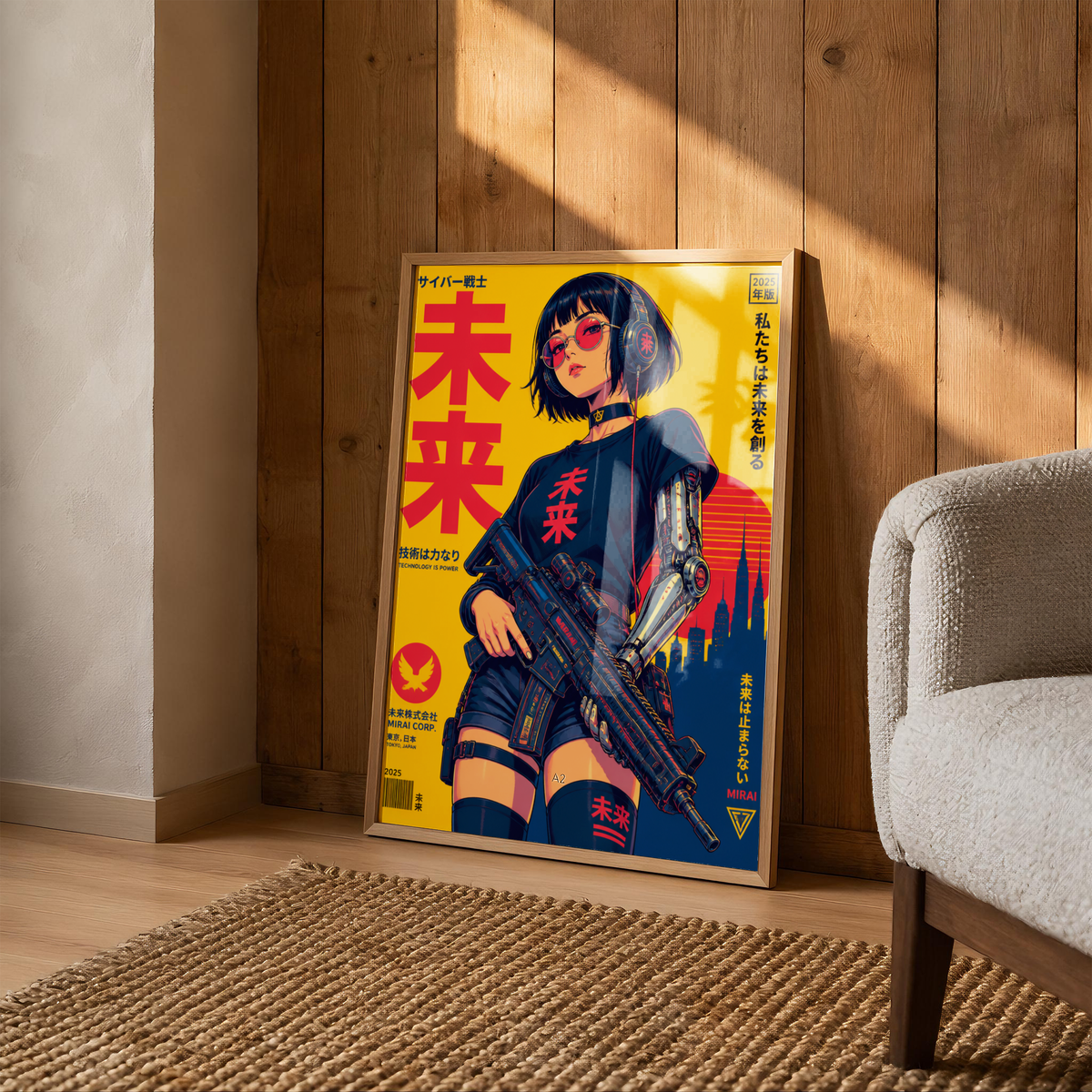 Affiche guerrière cyberpunk japonaise | Poster rétro futuriste femme et ville | Art japonais 80s, science-fiction, décoration murale