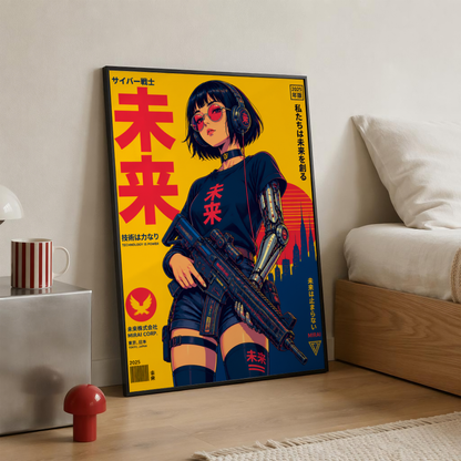 Affiche guerrière cyberpunk japonaise | Poster rétro futuriste femme et ville | Art japonais 80s, science-fiction, décoration murale
