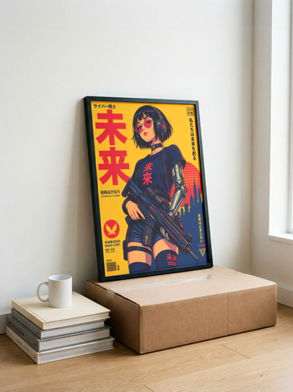 Affiche guerrière cyberpunk japonaise | Poster rétro futuriste femme et ville | Art japonais 80s, science-fiction, décoration murale