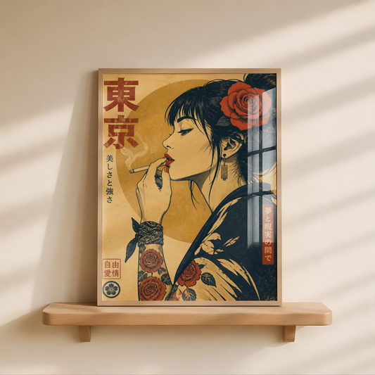 Affiche femme japonaise rétro | Poster vintage japonais avec roses et tatouages | Art asiatique, décoration murale bohème