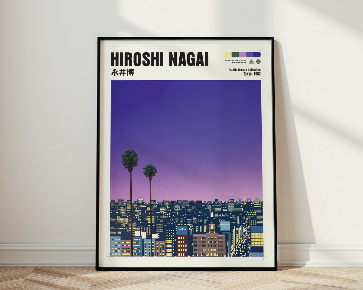 Hiroshi Nagai Pacific Breeze Poster, Tokyo 1982, Japanese City Nightscape, Palm Trees, Retro Sunset Wall Art, Japan Decor