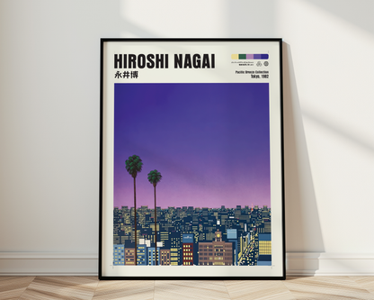 Hiroshi Nagai Pacific Breeze Poster, Tokyo 1982, Japanese City Nightscape, Palm Trees, Retro Sunset Wall Art, Japan Decor