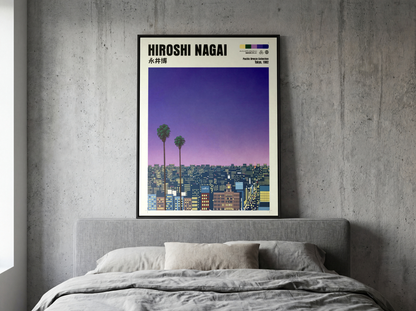 Hiroshi Nagai Pacific Breeze Poster, Tokyo 1982, Japanese City Nightscape, Palm Trees, Retro Sunset Wall Art, Japan Decor