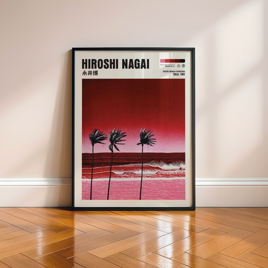 Hiroshi Nagai Pacific Breeze Poster, Red Sunset Ocean, Palm Trees, Retro Japanese Beach Art, Pink Waves, Vintage Wall Decor