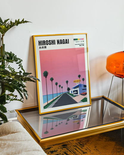 Hiroshi Nagai Pacific Breeze Poster, Retro Japanese Beach Road, Aquarium, Palm Trees, Pink Sky, Summer Wall Art Decor