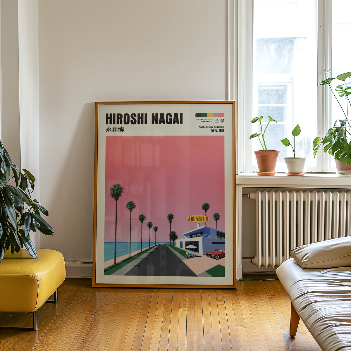 Hiroshi Nagai Pacific Breeze Poster, Retro Japanese Beach Road, Aquarium, Palm Trees, Pink Sky, Summer Wall Art Decor