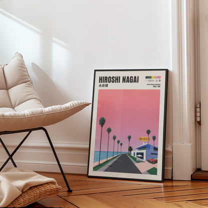 Hiroshi Nagai Pacific Breeze Poster, Retro Japanese Beach Road, Aquarium, Palm Trees, Pink Sky, Summer Wall Art Decor