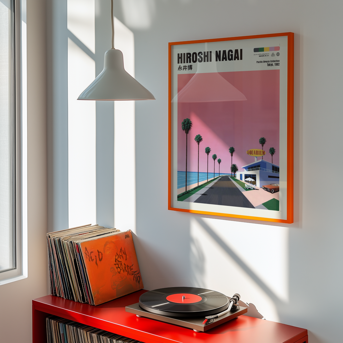Hiroshi Nagai Pacific Breeze Poster, Retro Japanese Beach Road, Aquarium, Palm Trees, Pink Sky, Summer Wall Art Decor