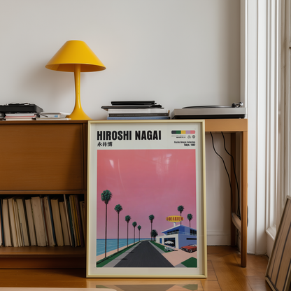 Hiroshi Nagai Pacific Breeze Poster, Retro Japanese Beach Road, Aquarium, Palm Trees, Pink Sky, Summer Wall Art Decor