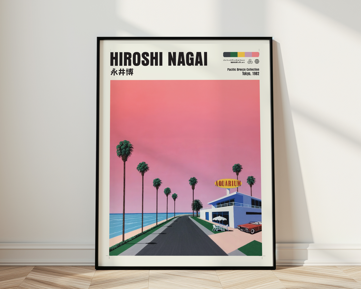 Hiroshi Nagai Pacific Breeze Poster, Retro Japanese Beach Road, Aquarium, Palm Trees, Pink Sky, Summer Wall Art Decor