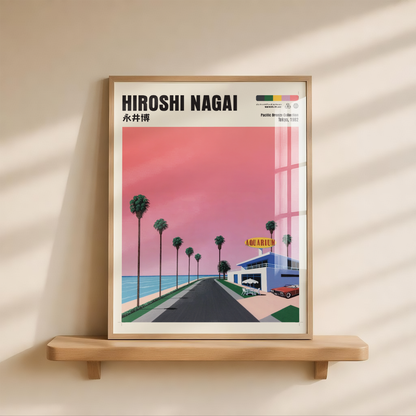 Hiroshi Nagai Pacific Breeze Poster, Retro Japanese Beach Road, Aquarium, Palm Trees, Pink Sky, Summer Wall Art Decor
