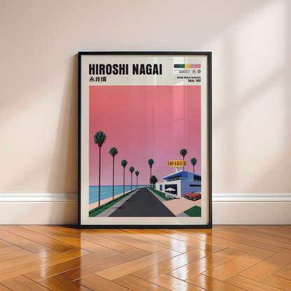 Hiroshi Nagai Pacific Breeze Poster, Retro Japanese Beach Road, Aquarium, Palm Trees, Pink Sky, Summer Wall Art Decor