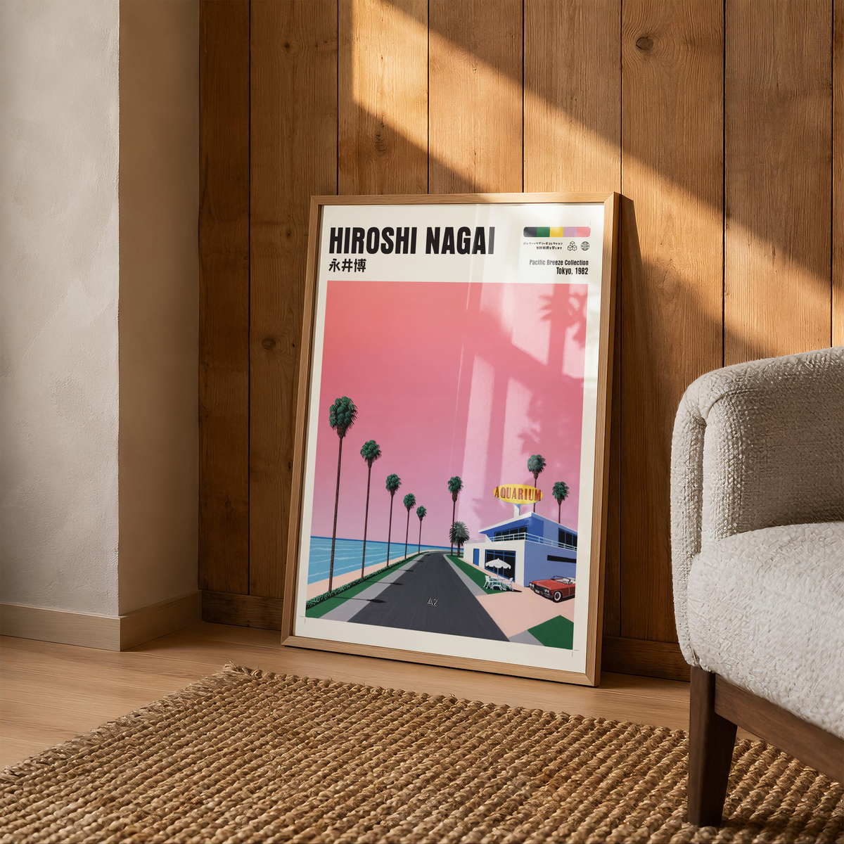 Hiroshi Nagai Pacific Breeze Poster, Retro Japanese Beach Road, Aquarium, Palm Trees, Pink Sky, Summer Wall Art Decor