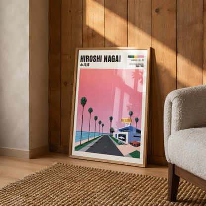 Hiroshi Nagai Pacific Breeze Poster, Retro Japanese Beach Road, Aquarium, Palm Trees, Pink Sky, Summer Wall Art Decor