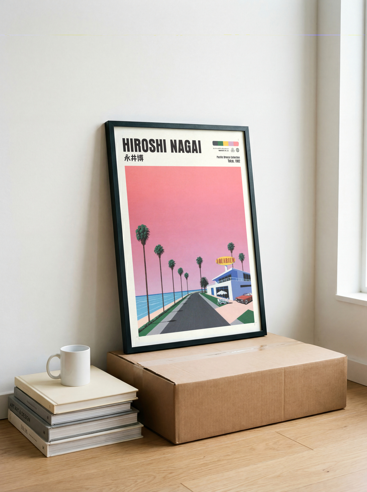 Hiroshi Nagai Pacific Breeze Poster, Retro Japanese Beach Road, Aquarium, Palm Trees, Pink Sky, Summer Wall Art Decor
