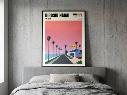 Hiroshi Nagai Pacific Breeze Poster, Retro Japanese Beach Road, Aquarium, Palm Trees, Pink Sky, Summer Wall Art Decor