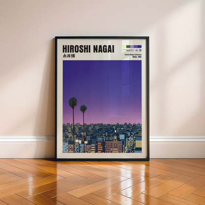 Hiroshi Nagai Pacific Breeze Poster, Tokyo 1982, Japanese City Nightscape, Palm Trees, Retro Sunset Wall Art, Japan Decor