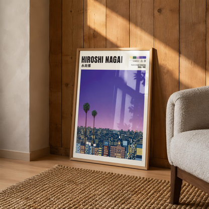 Hiroshi Nagai Pacific Breeze Poster, Tokyo 1982, Japanese City Nightscape, Palm Trees, Retro Sunset Wall Art, Japan Decor
